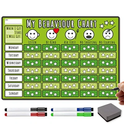 Image of TMS Behaviour Chart for Children A3 Magnetic Star Inspiring Good in Toddlers and Kids, Boys Girls With 4 Coloured Dry Wipe Pens! (Green, Chart)