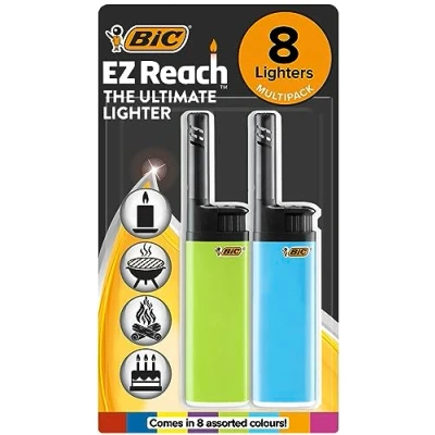 Image of BIC EZ Reach Utility Lighters with 3.5 cm Wand, The Ultimate Lighter&#039; Produces up to 900 Lights perfect for Candles, Gas Cookers &amp; BBQs Pack of 8 in Mixed Colours