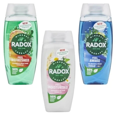 Image of Mineral Therapy Shower Gel Collection 3 x 225ml with Radox Feel Awake, Refreshed, and Moisturised Mood Boosting Fragrances Gentle Cleansers For All Skin Types