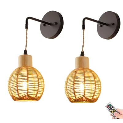 Image of KEFA Battery Operated Wall Sconces, Rechargeable Wireless Rattan Lights Fixture, Not Hardwired Dimmable Lamp with Remote for Bedroom, Living Room, Bathroom, Hallway (Size : Set of 2)