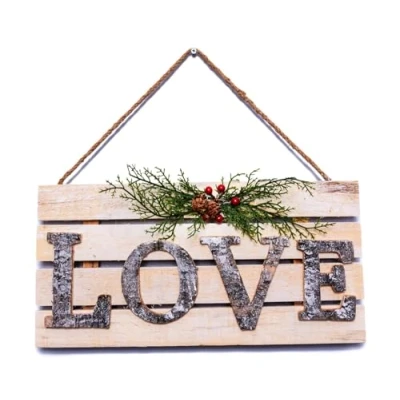 Image of Christmas Hanging Wall Sign LOVE Letters in Wooden Frame, 20x40cm Decorative Plaque, Holiday Art for Home,Door,Wall, Festive Décor