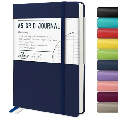 Image of STATIONERY ISLAND A5 Squared Notebook, Graph Paper with 120gsm Premium Thick Paper, 180 Pages Hardback Grid Note book for Planning, Diary, Study, Blueberry