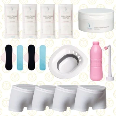 Image of First Days Maternity Postpartum Recovery Bundle, Contains 1 Pink Peri Bottle, 4 Perineal Cold Packs, Witch Hazel Pads Tub, 2 Reusable Gel Sitz Bath, and Pants Large (UK 16 20)