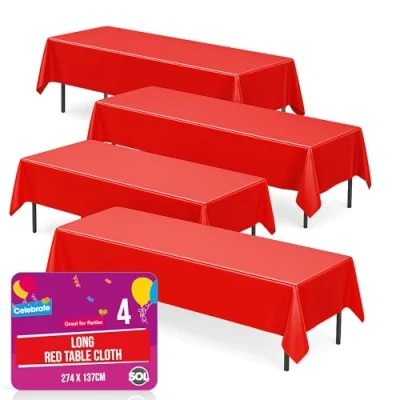 Image of SOL 4pk Long Red Table Cloth Party 274 x 137cm Plastic Cover Disposable Tablecloths for Parties Tablecloth