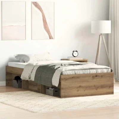 Image of vidaXL Single Bed Frame 75x190 cm Artisan Oak with Storage Engineered Wood and Pine