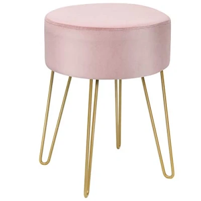 Image of COSTWAY Velvet Round Footstool, Upholstered Dressing Table Stool with Metal Legs, Home Bedroom Living Room Ottoman Pouffe (Pink)