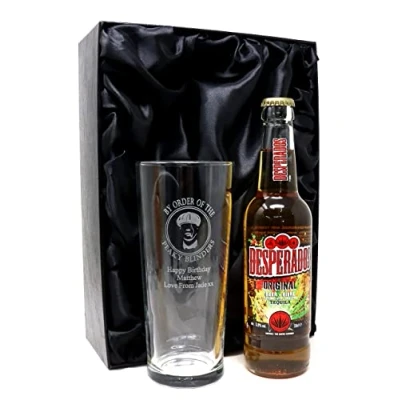 Image of Personalised Pint Glass &amp; Beer Peaky Blinders Design (Desperados Tequila Beer, Silk Lined Gift Box)