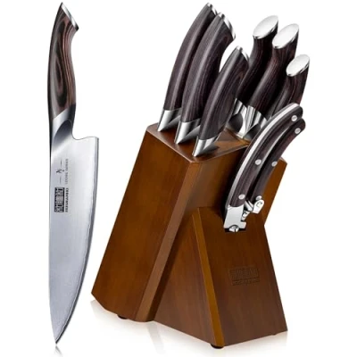 Image of HOSHANHO 8 Piece Kitchen Knife Set, Japanese AUS 10 Super Steel Set with Block, Professional Ultra Sharp Chef Scissors