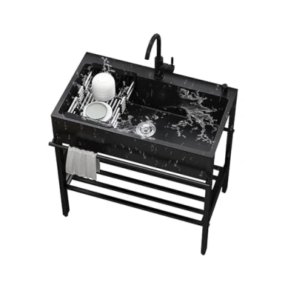 Image of Black Utility Stainless Steel Sink with Bracket,kitchen Washing Hand Basin,Single Bowl Kitchenette Sink,Laundry Sink,with storage platform,Hot cold faucet,for Outdoor,Garage,Pet Wash Station.