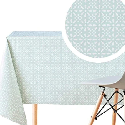 Image of KP HOME Square Shape Mint Teal PVC Wipe Clean Oilcloth Tablecloth With White Floral Print 140x140cm Classic Wipeable Vinyl Plastic Table Cloth
