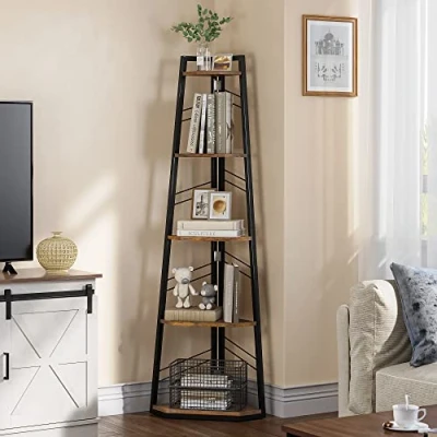 Image of YITAHOME Corner shelf 5 Tiers, Industrial Bookshelf Modern Floorstanding Bookcase Ladder Wooden Open Display Shelving Unit for Living Room, Hallway, Home Office, Rustic Brown Book