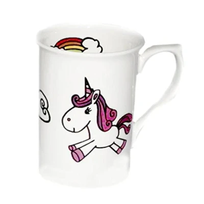 Image of Personalised WITH ANY NAME BONE CHINA beaker mug cup UNICORNS single RAINBOWS, Hand decorated to order