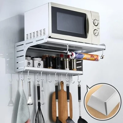 Image of Gluhbirnen Microwave Shelf, Wall Bracket, Kitchen Mounted, Storage Oven Rack with 6 Hooks, Silver