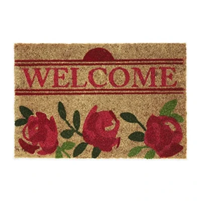 Image of Relaxdays Romantic Roses Welcome Doormat Coir, 40 x 60 cm, Door Mat Inside &amp; Outside, Non Slip Wiper, Multicoloured, Coco, 1