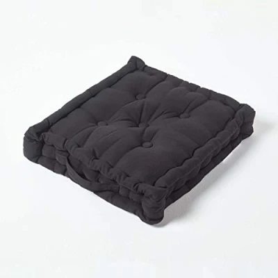 Image of HOMESCAPES Plain Black 100% Cotton Large Floor Cushion 50 x 10 cm Square Indoor Garden Dining Chair Booster Seat Pad