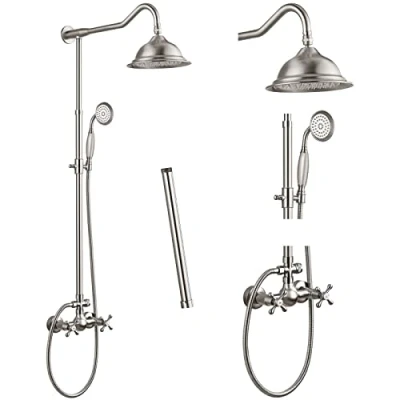 Image of Aolemi Brushed Nickel Shower Faucet Set with 12 Inch Extension Tube 8 Rain Head System Handheld Fixture Wall Mount Double Cross Handle