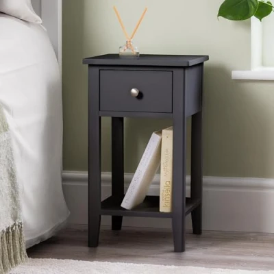 Image of CHRISTOW Slim Black Bedside Table With Drawer &amp; Shelf, Modern Narrow Bedroom Nightstand, Wooden MDF Side End Stand for Living Room Hallway Sofa, Brushed Chrome Handle (H57cm x W32cm D32cm)