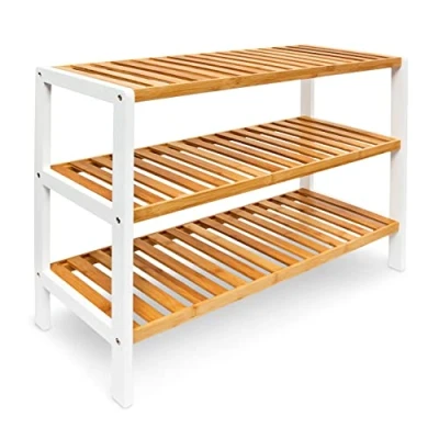 Image of Relaxdays Bamboo Shoe Rack, With 3 Shelves, 70 x 54.5 24.5 cm, for 12 Pairs of Shoes, Brown/White