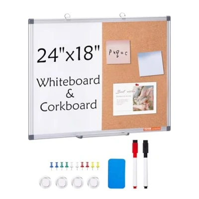 Image of VEVOR 24&quot;x18&quot; Whiteboard &amp; Cork Board Combo with Aluminum Frame 2 in 1 Magnetic Dry Erase Bulletin for Wall Mount Ideal School, Home, Office
