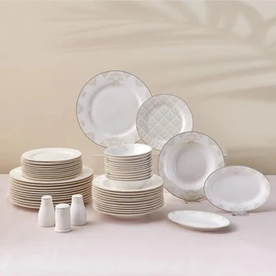 Image of Karaca Siena 53 Piece Porcelain Dinner Sets with &amp; Dessert Plates, Bowls, Salt Pepper Shakers, Toothpicks New Generation Bone Dinnerware for 12 People (White)