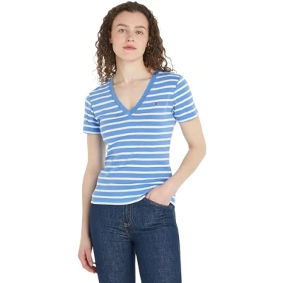 Image of Tommy Hilfiger Women New Slim Cody V Neck Ss S/S Knit Tops, Blue, XS