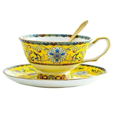 Image of YBK Tech Cup&amp; Saucer Set Bone China Tea Coffee Cup for Breakfast Afternoon Classic Enamel Patterns (Yellow)