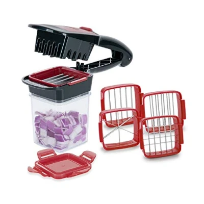 Image of Genius A27165 Nicer Dicer Quick XXL Set 7 Piece The Chopper with 3 Interchangeable Blade Inserts and Collection Container 320 ml in Hand Format 30 Cubes or 10 Slices One Click, Stainless Steel