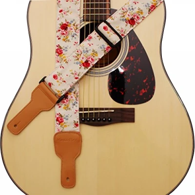 Image of MUSIC FIRST Original Design “Rosa Multiflora in Cream Padded Soft Cotton &amp; Genuine Leather Guitar Strap, Banjo Strap