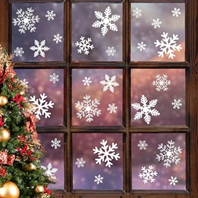 Image of Hengliwang Christmas Snowflake Stickers, 108Pcs Reusable Window Static Self Clings PVC Snowflakes for Thanksgiving Xmas Winter Decorations Party Supplies Ornaments