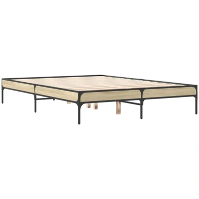Image of vidaXL Small Double Bed Frame Sonoma Oak Finish, 120x190 cm, Engineered Wood &amp; Metal, with Plywood Slats for Bedroom