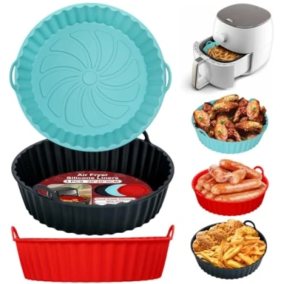 Image of Alyvisun Air Fryer Silicone Liners, 3PCS Reusable Airfryer Basket Baking Tray Inserts Versatile Round Rack Pot for Microwave, Oven, Red+Black+Blue