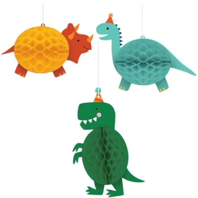 Image of Amscan 292270 Dino Mite Dinosaur Kids Birthday Party Hanging Honeycomb Decorations 3 Pack