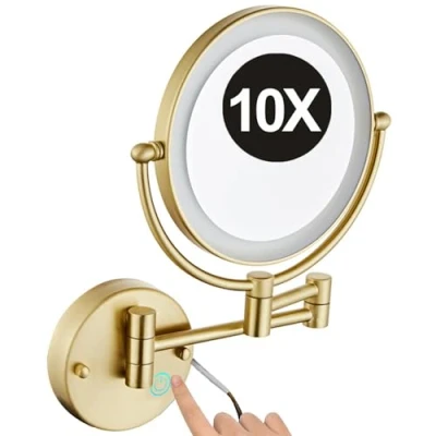 Image of REWIS 8&quot; Brushed Gold Double Sided 1X/10X Magnifying LED Lighted Makeup Vanity Mirror with Stepless Dimming, Hardwired Adjustable Wall Mounted Cosmetic Mirror, Bathroom HD Shaving Mirror,Base Touch