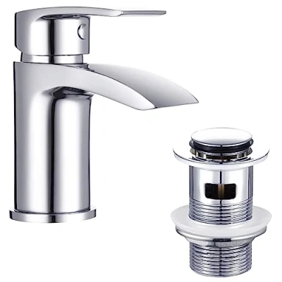 Image of Funime Basin Taps Mixer Waterfall Bathroom Sink Tap Mixers Mono Chrome with Pop up Waste Brass Single Hole Monobloc Hoses G1/2&#039;&#039; Modern Round
