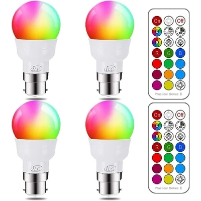 Image of iLC LED Light Bulbs, 40 Watt Equivalent Colour Changing 5W B22 Bayonet A60 RGBW Lights, RGB White Coloured 12 Color Choices Remote Controller Included (4 Pack)