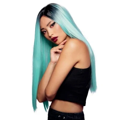 Image of Smiffys Official Manic Panic® Sea Nymph™ Super Vixen™ Wig, Long Straight Heat Styleable with Adjustable Cap in Teal Colours Root Effect. Pre styled for a realistic, elegant look