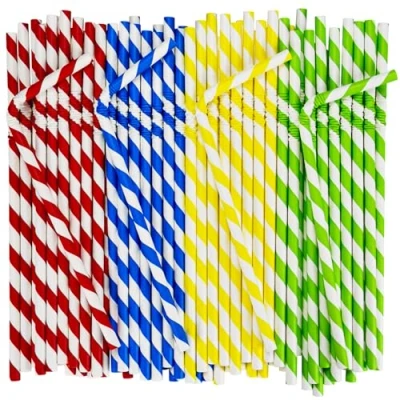 Image of Flexible Disposable Paper Drinking Straws, 19.7 x 0.6 cm, 100% Biodegradable, Colourful Stripes, Pack of 250