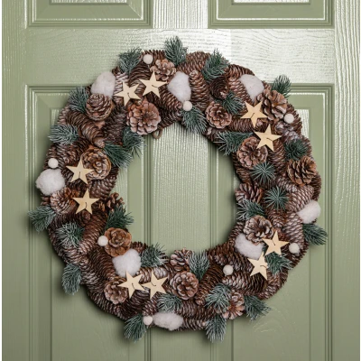 Image of 50cm Frosted Hanging Christmas Wreath with Pine Cones &amp; Wooden Stars