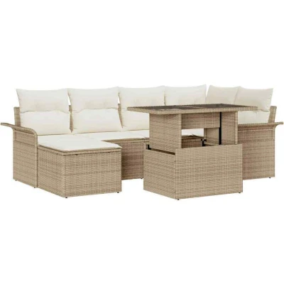 Image of vidaXL 7 Piece Garden Sofa Set with Cushions Beige Poly Rattan
