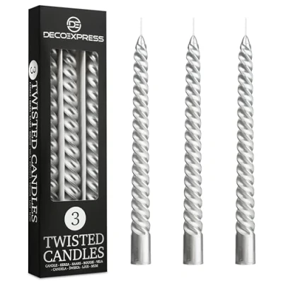 Image of Dinner Candles Pack 3 or 6 Twisted White Red Gold Coloured Spiral Non Drip Long Lasting Hours Burn Scented (Silver, of 3)