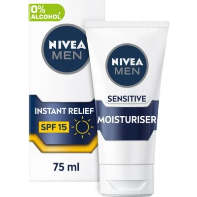 Image of NIVEA MEN Sensitive Face Moisturiser SPF15 (75ml), 0% Alcohol Relieves 5 Signs of Skin Irritation and Protects Against UVA/UVB Rays, Non Greasy Formula