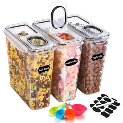 Image of YASHE Cereal Storage Containers, 3Pcs Containers with Lids Airtight, Durable Food Grade Dispenser BPA Free Plastic 16 Labels &amp; 1 Marker