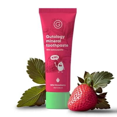 Image of Gutology Kids Natural Probiotic Hydroxyapatite Toothpaste 75ml Fluoride Free Remineralising Enamel Repair Suitable for Children 2+ Helps Sensitive Teeth Whitening Wild Strawberry Flavour