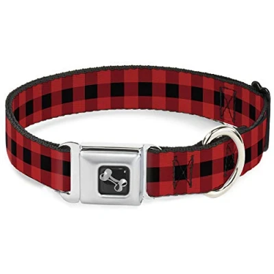 Image of Buckle Down Seatbelt Dog Collar Buffalo Plaid Black/Red 1&quot; Wide Fits 11 17&quot; Neck Medium