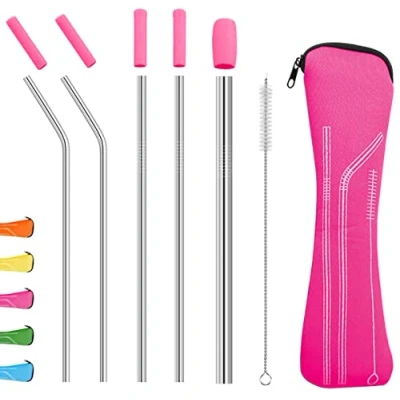 Image of Uoking Reusable Metal Drinking Straws Set, with Silicone Tips Cover &amp; 1 Cleaning Brushes for Smoothie, Boba, Bubble Tea and Cold/Hot Drinks (Pink)