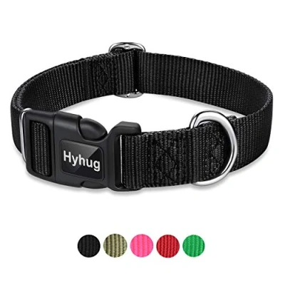 Image of Hyhug Design Classic Basic Nylon Dog Collar, Can Install Tag (Medium, Black)
