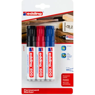 Image of edding 500 permanent marker multi coloured 3 pens chisel nib 2 7 mm waterproof, quick drying, smear proof for cardboard, plastic, wood, metal, glass and fabric