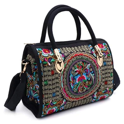 Image of henan Women Floral Embroidered Handbag Ethnic Boho Canvas Shopping Tote Zipper Bag