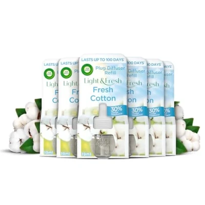 Image of Air Wick Plug in Diffuser Refill, Fresh Cotton, Pack 6 x 19ml, Long Lasting Fragrance, Lasts up to 600 Days, freshener