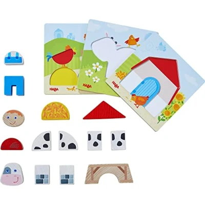 Image of HABA 306488 Wooden Arranging Game On the Farm with 3 boards and 14 pieces, for 18 Months Above (Made in Germany)